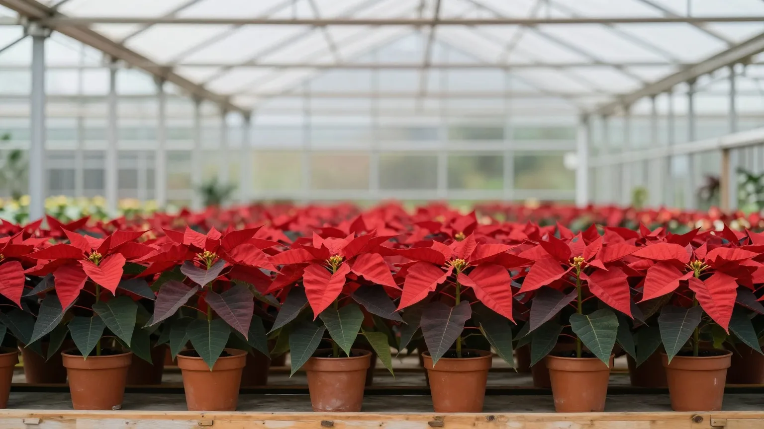 Reihen roter Weihnachtssterne in Tontöpfen im Gewächshaus einer Gärtnerei