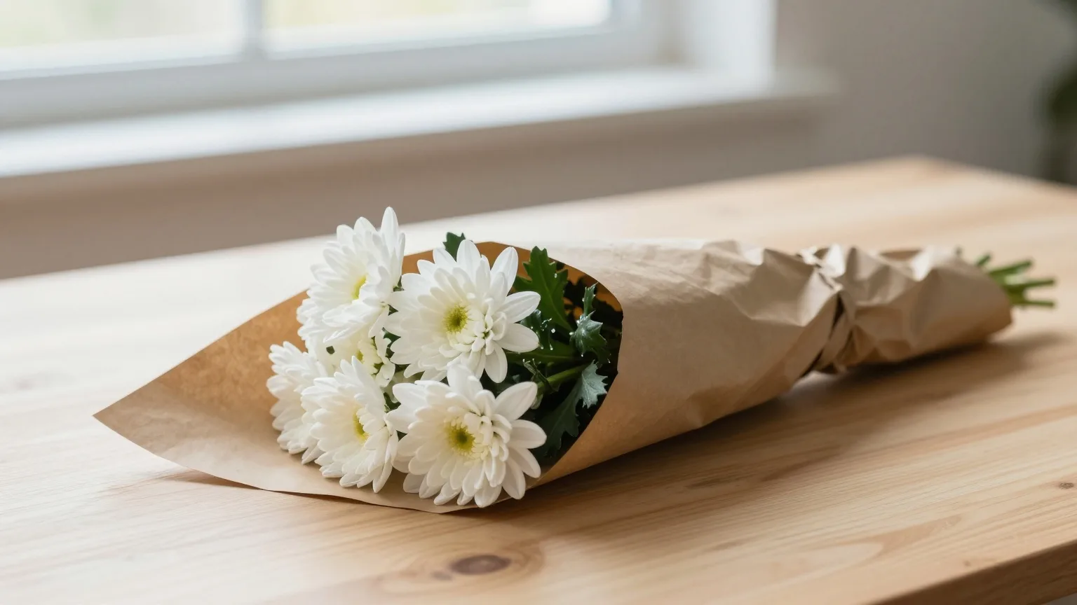 Strauß weißer Chrysanthemen in braunem Packpapier auf einem hellen Holztisch im Morgenlicht
