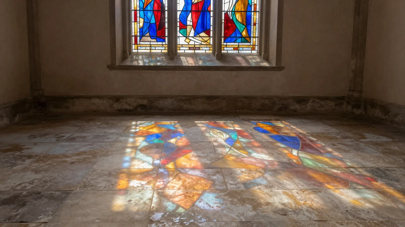 Farbiges Licht eines Kirchenfensters fällt auf einen alten Steinboden