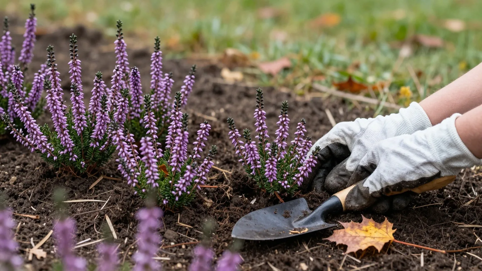 Hände in Gartenhandschuhen setzen Besenheide in die Erde eines Grabbeets