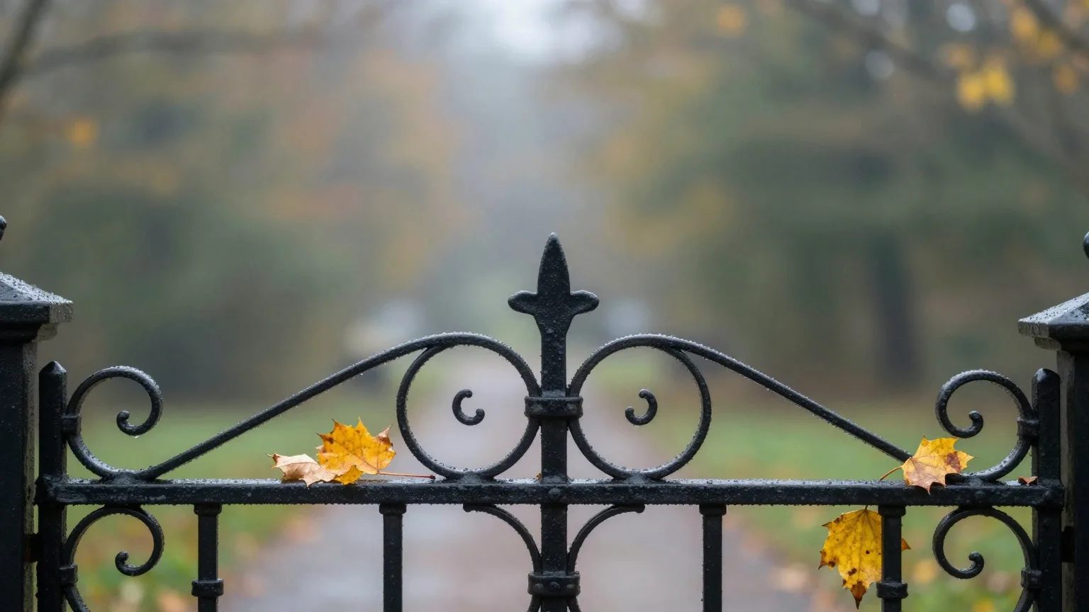 Schmiedeeisernes Tor mit Tautropfen und Herbstlaub in Nahaufnahme