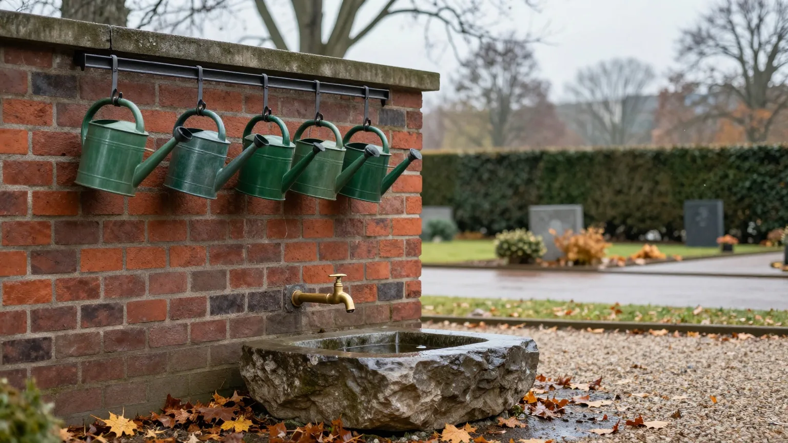Grüne Gießkannen hängen an der Wasserstelle einer Friedhofsmauer aus Backstein an einem grauen Novembermorgen