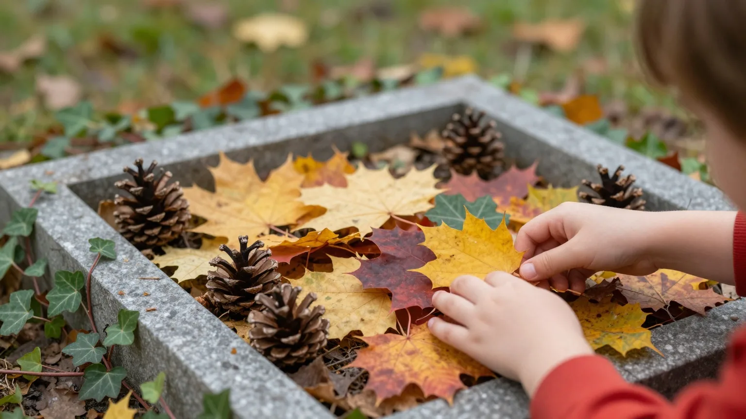 Kinderhände legen bunte Herbstblätter und kleine Zapfen auf die steinerne Einfassung eines Grabes