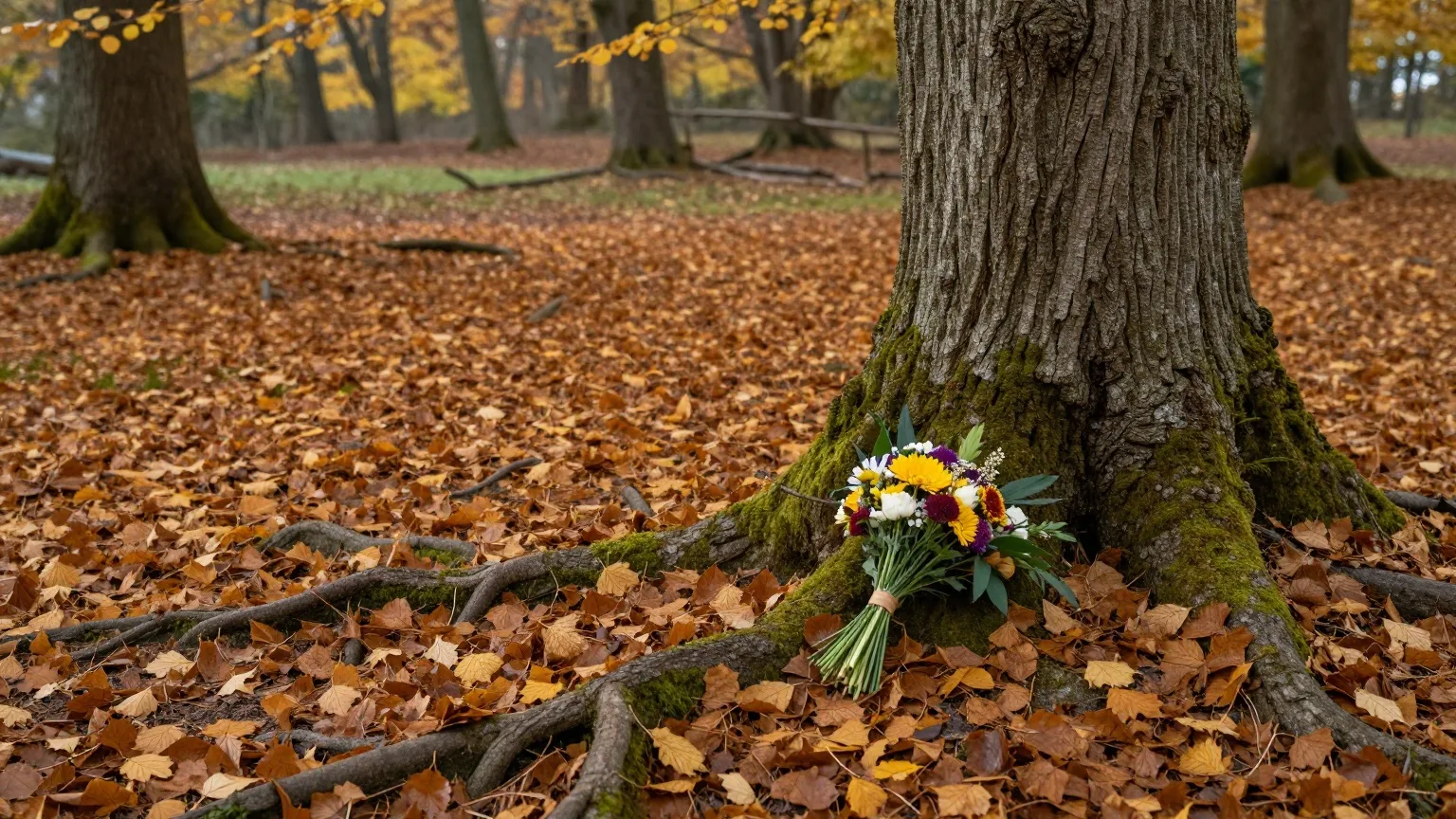 Kleiner Strauß aus Herbstblumen am Fuß einer alten Buche in einem Bestattungswald mit goldenem Laub