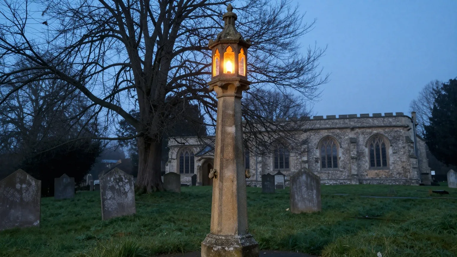 Gotische Totenleuchte aus Sandstein auf einem alten Kirchhof, in ihrem Gehäuse brennt ein kleines Licht in der Novemberdämmerung