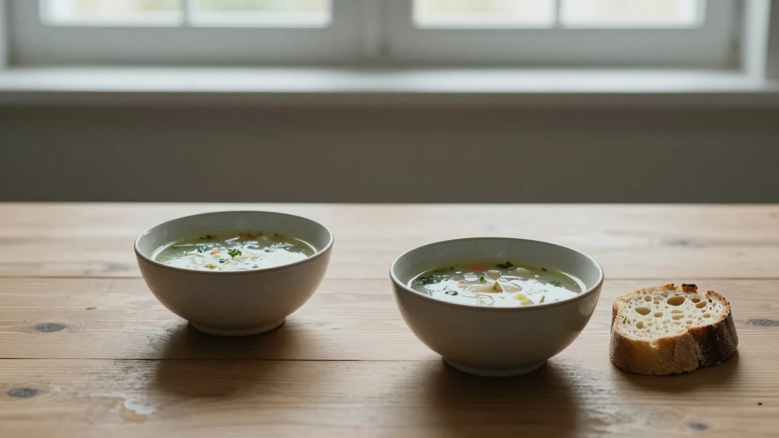 Zwei Schalen klare Gemüsesuppe und ein Stück Brot auf einem schlichten Holztisch