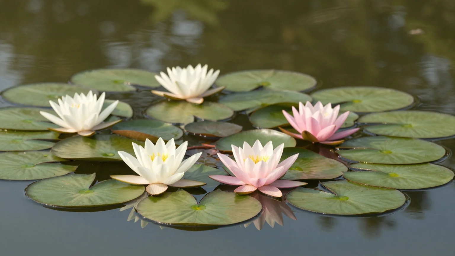 Seerosenblüten auf einem stillen Gartenteich im warmen Augustlicht