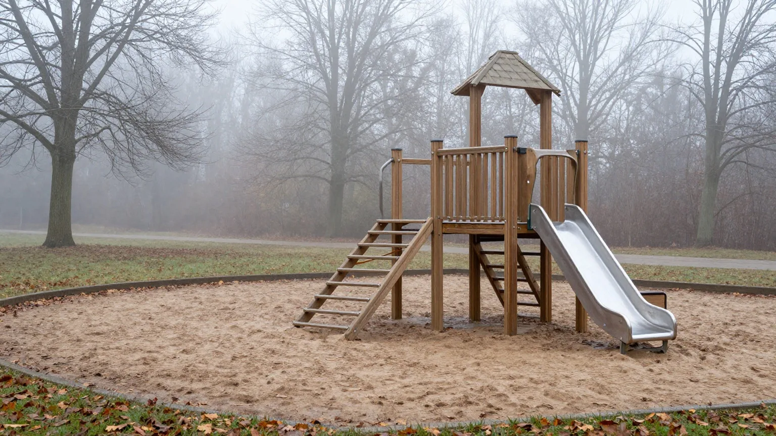 Leerer Spielplatz mit hölzernem Klettergerüst an einem nebligen Novembervormittag