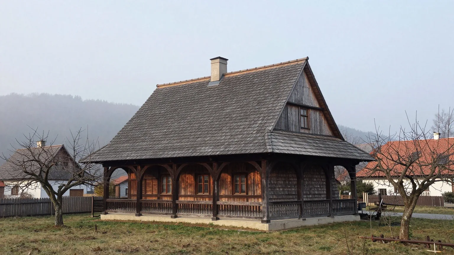 Umgebindehaus mit Holzschindeln in der Oberlausitz an einem grauen Novembermorgen
