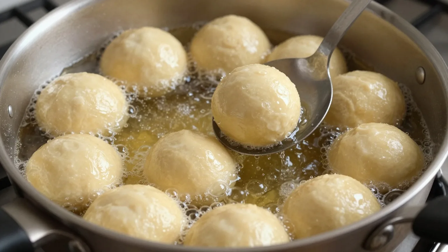 Goldbraune Hefeteigkugeln backen in einem Topf mit heißem Öl