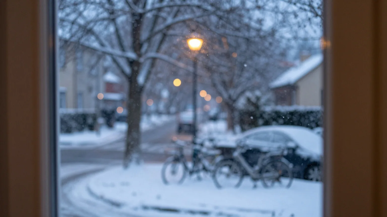 Warme, unscharfe Lichtpunkte spiegeln sich in einer Fensterscheibe, dahinter eine verschneite Straße in der blauen Stunde