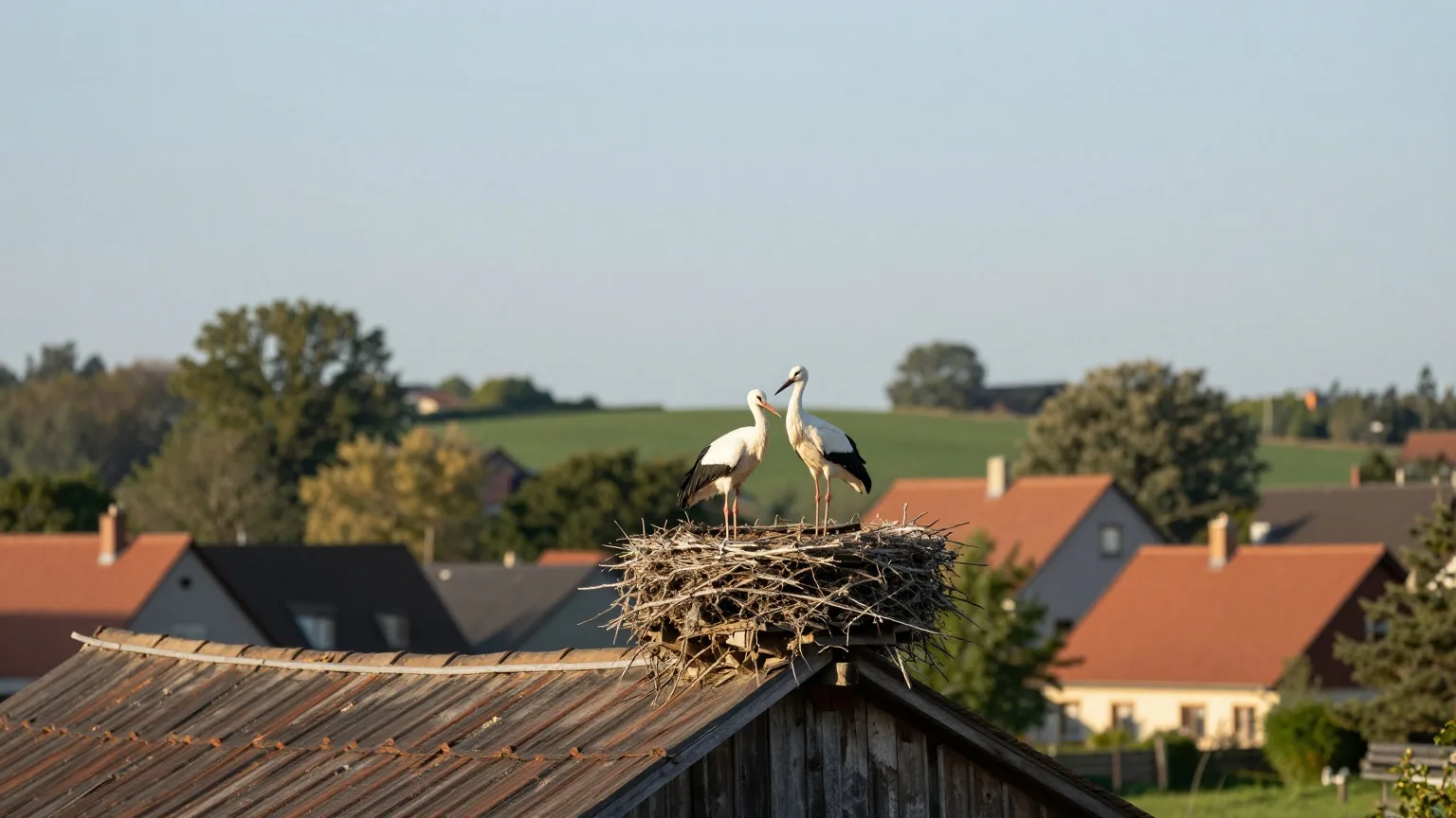 Weißstörche auf ihrem Nest auf einem Scheunendach im Abendlicht