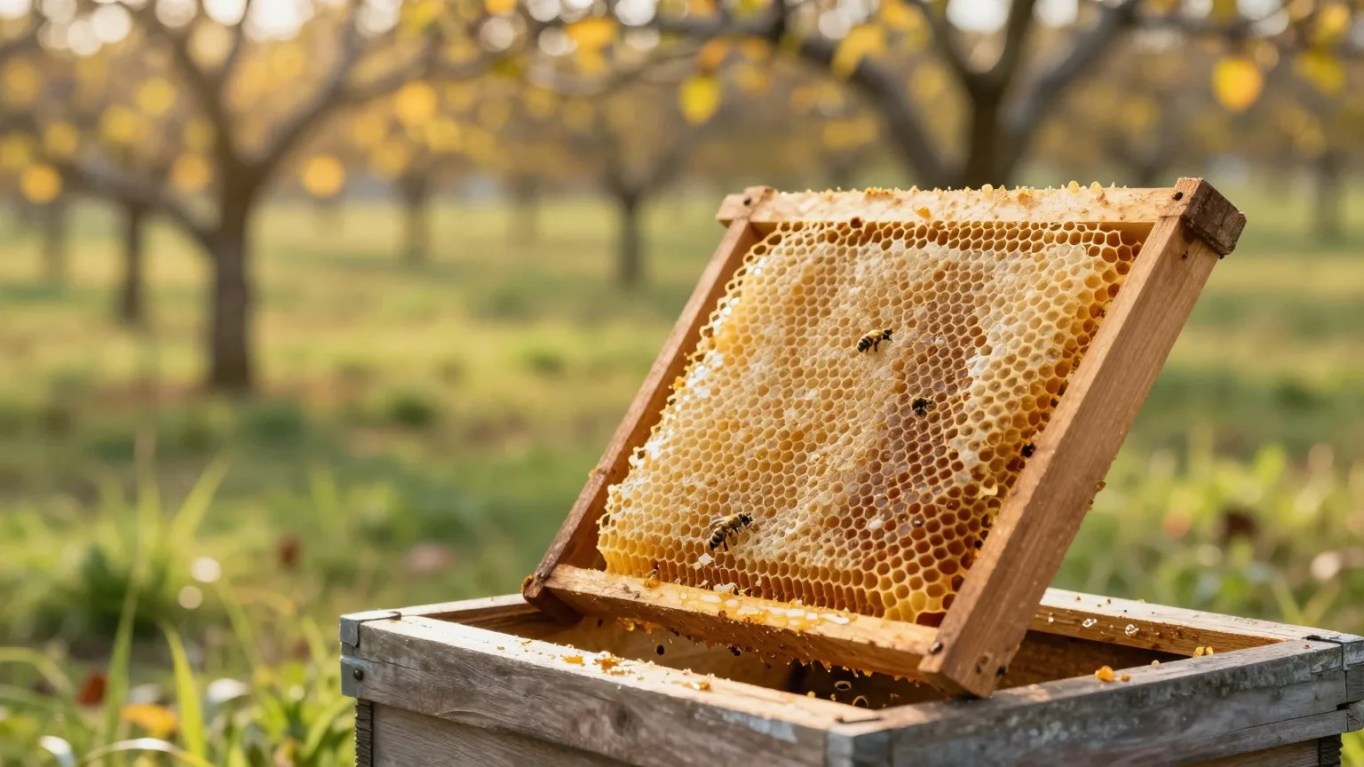 Holzrahmen mit goldener Honigwabe im Gegenlicht vor einem Bienenstock auf einer Obstwiese