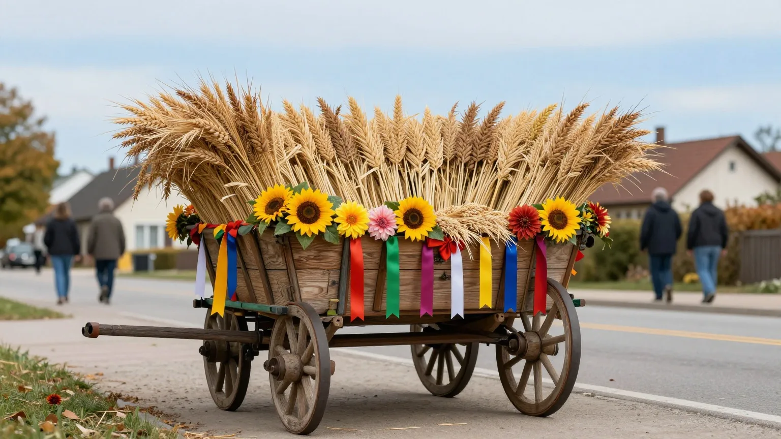 Mit Garben, Blumen und Bändern geschmückter Erntewagen auf einer Dorfstraße, Menschen von hinten