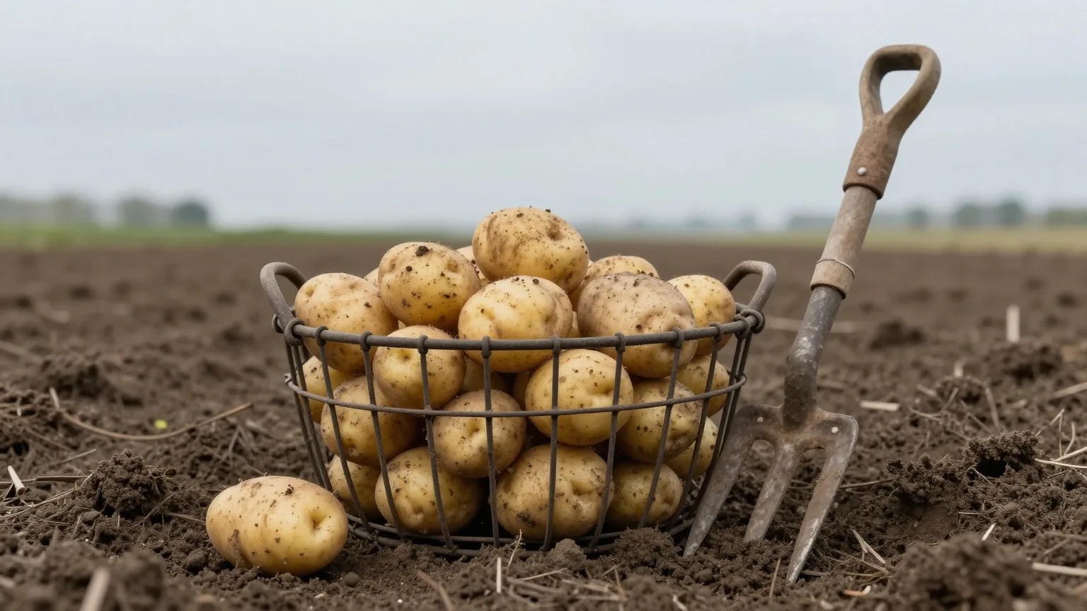 Frisch ausgegrabene Kartoffeln in einem Drahtkorb auf dunkler Ackererde