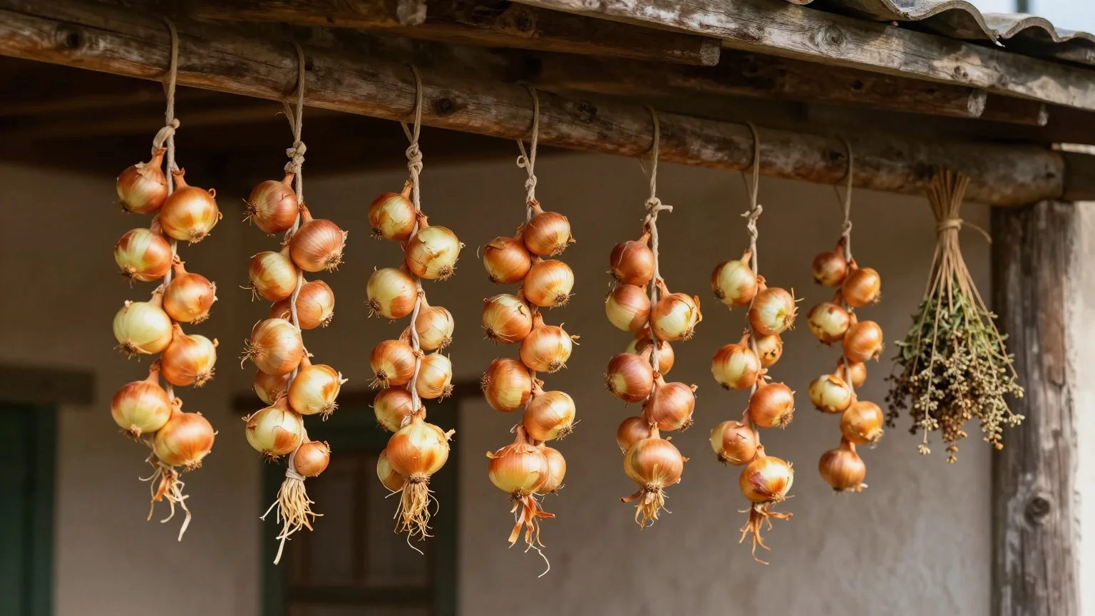Geflochtene Zwiebelzöpfe hängen unter dem Vordach eines Bauernhauses im Oktoberlicht