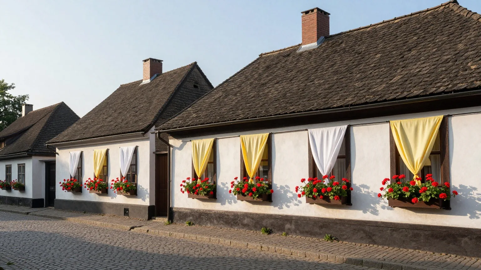 Mit weiß-gelben Tüchern und Blumenkästen geschmückte Hausfassaden