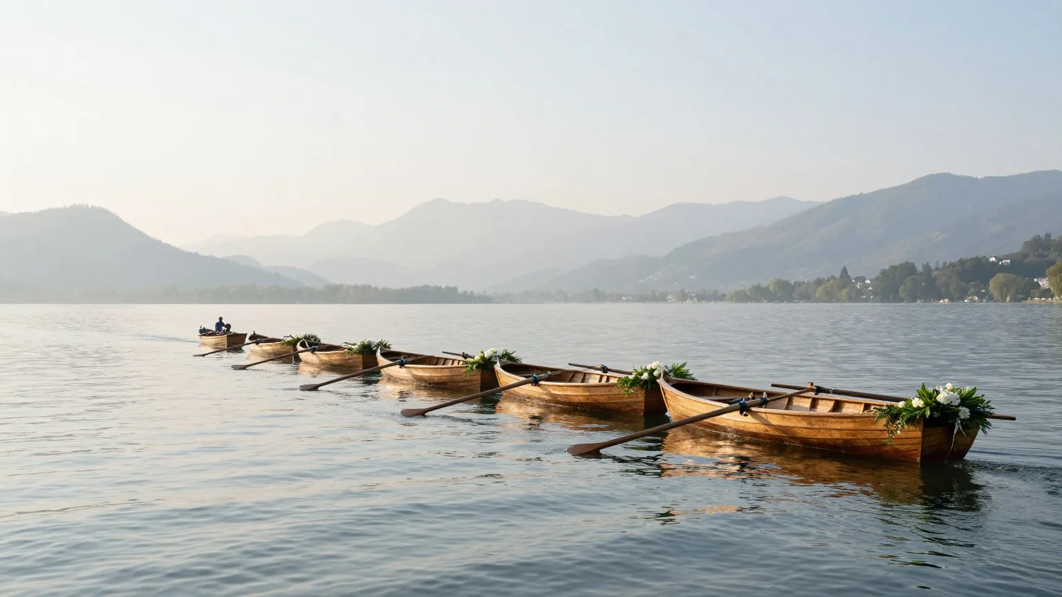 Mit Blumen geschmückte Boote auf einem stillen Voralpensee