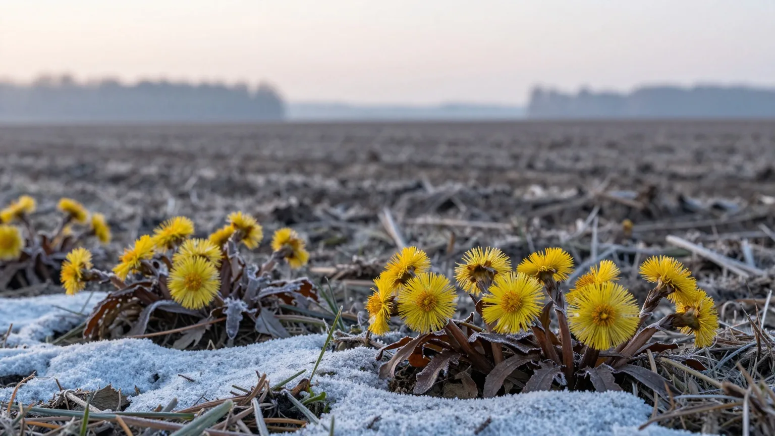 Gelb blühender Huflattich an einem Feldrain mit letzten Schneeresten im Morgengrauen