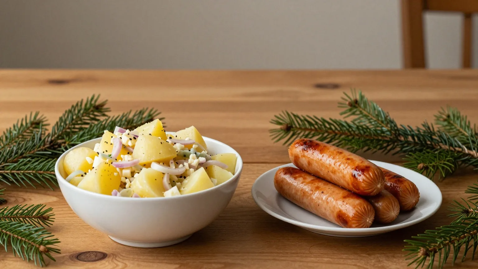 Schüssel Kartoffelsalat und Würstchen auf einem festlich gedeckten Holztisch mit Tannenzweigen