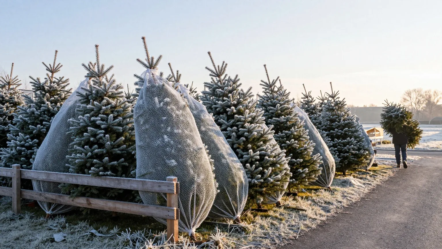 Christbaumverkauf an einem frostigen Morgen, Tannen im Netz lehnen an einem Holzzaun