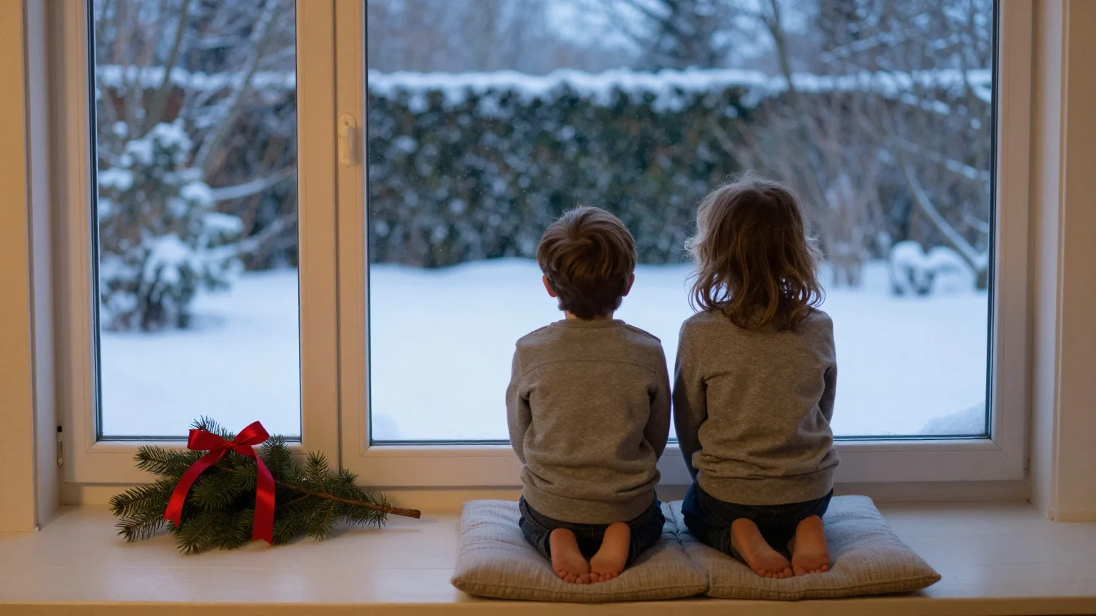 Zwei Kinder von hinten am Fenster, draußen ein verschneiter Garten in der Abenddämmerung