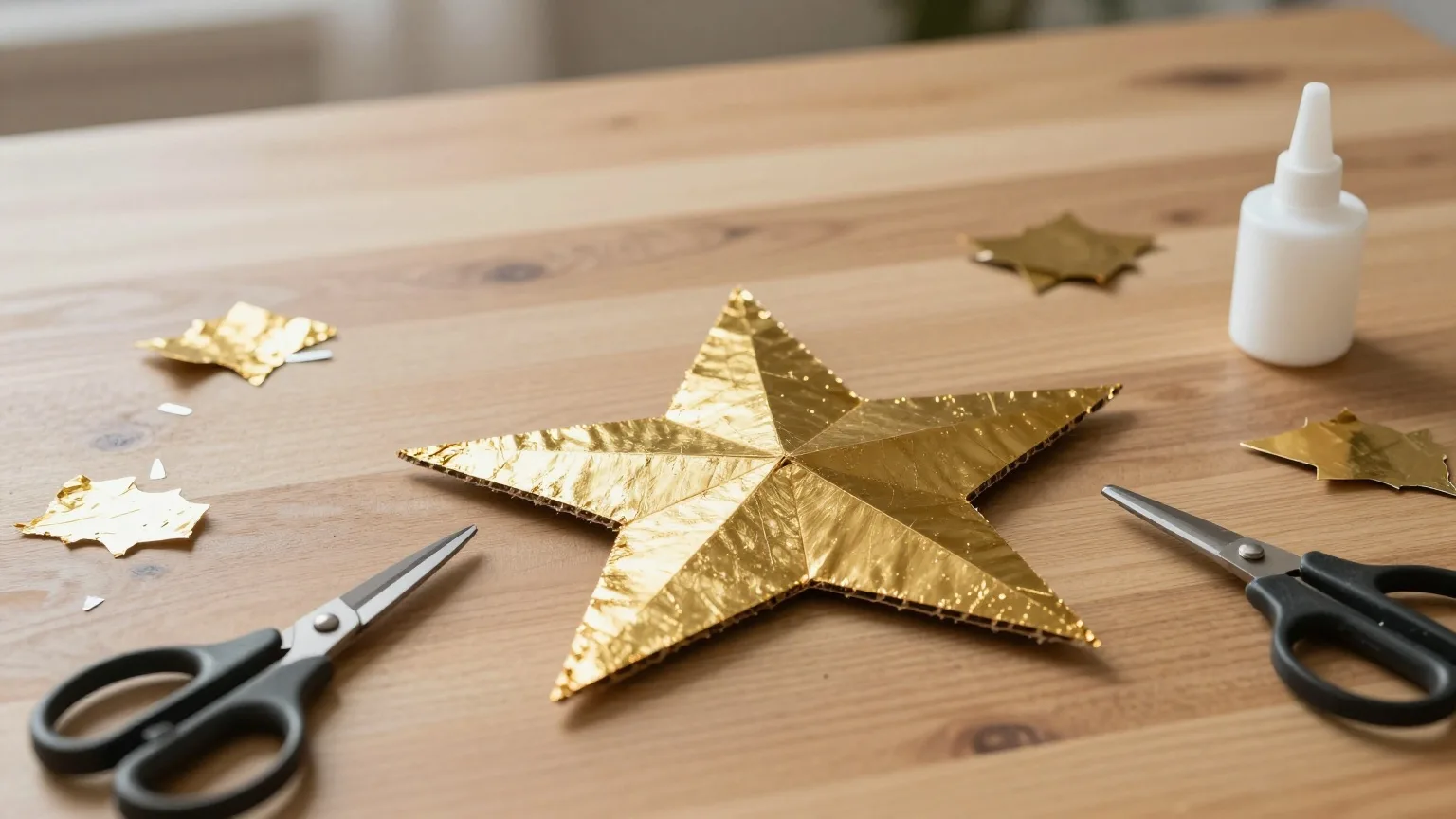 Selbst gebastelter goldener Stern auf einem Basteltisch mit Resten von Goldfolie