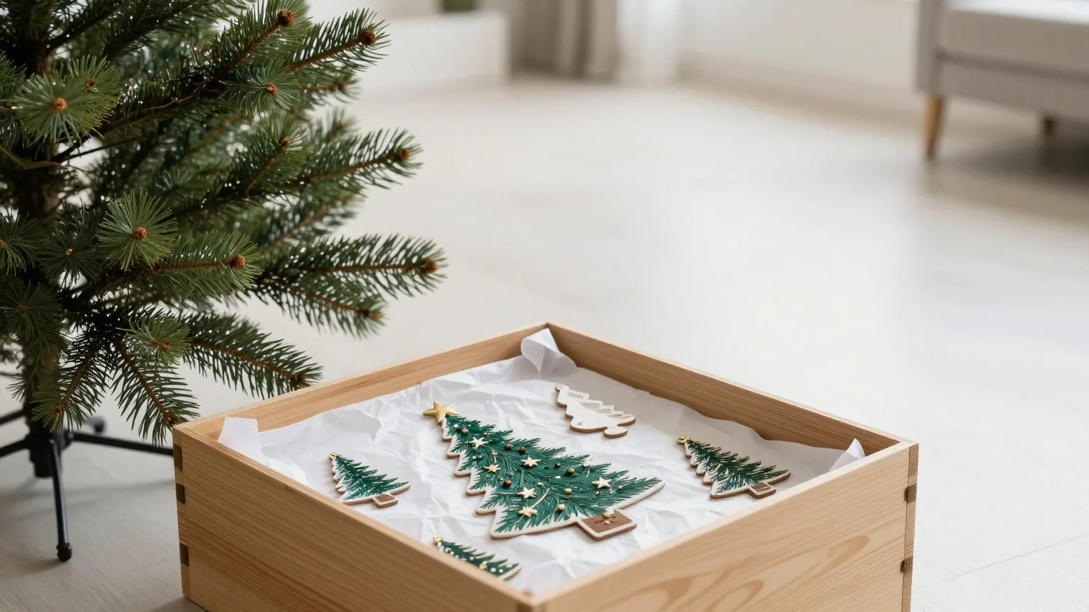 Holzkiste mit in Seidenpapier gewickeltem Christbaumschmuck neben einem abgeschmückten Tannenbaum