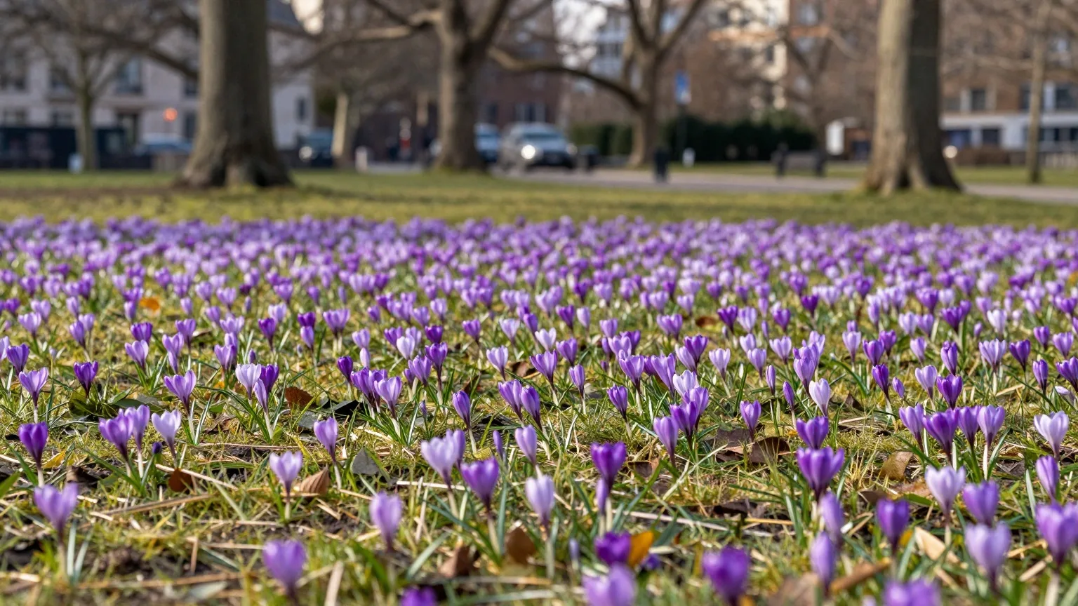 Lila Krokusse auf einer Rasenfläche in einem Stadtpark im Märzlicht