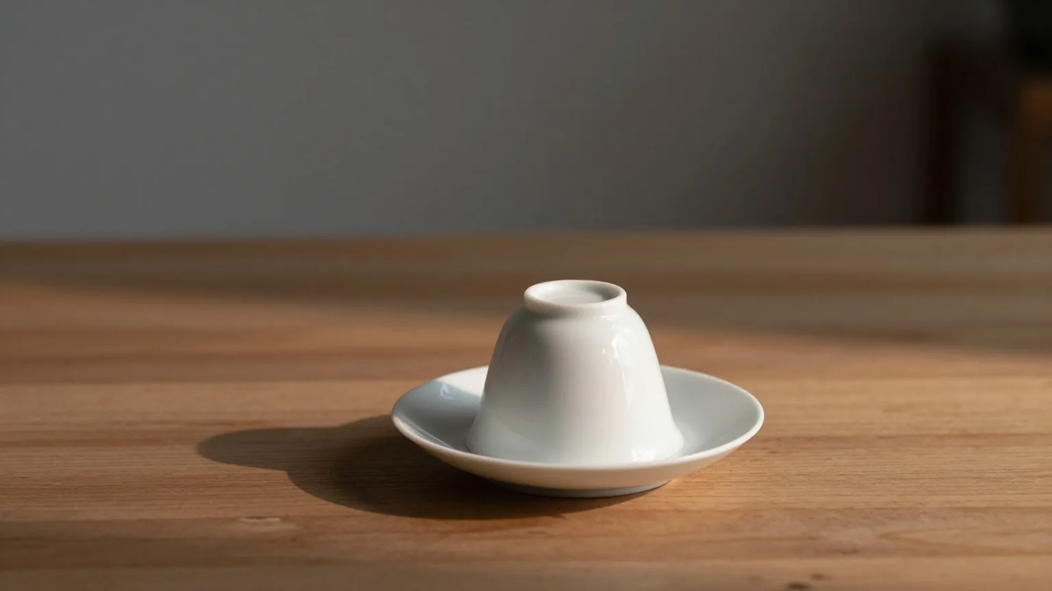Umgedrehte weiße Porzellantasse auf ihrer Untertasse auf einem Holztisch im Abendlicht