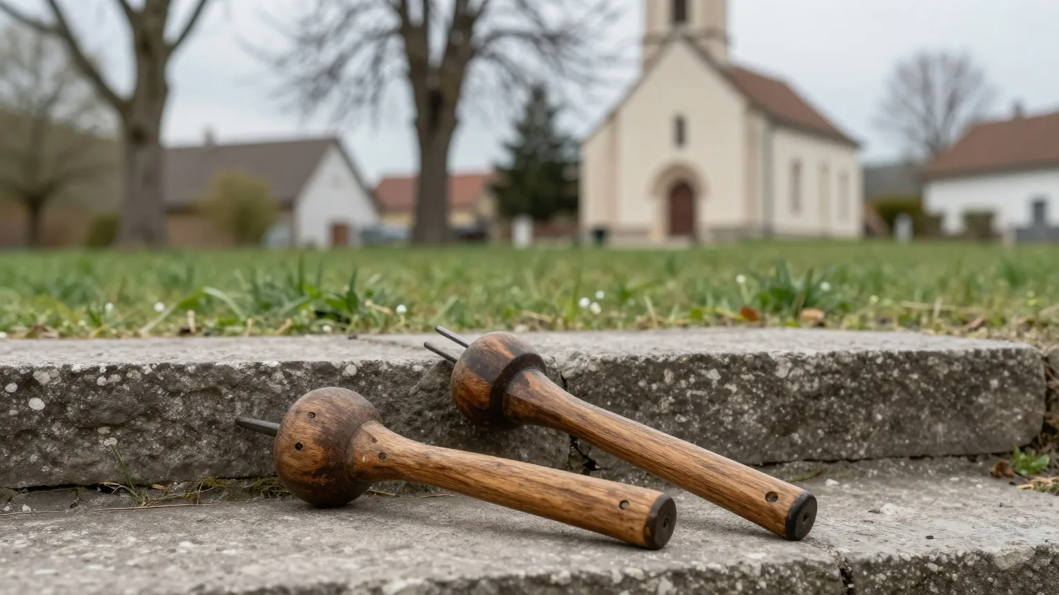 Zwei hölzerne Ratschen auf den Steinstufen einer Dorfkirche an einem kühlen Märzmorgen