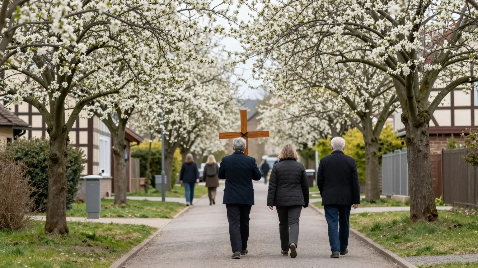 Kleine Prozession von hinten mit einem schlichten Holzkreuz auf einer Dorfstraße unter blühenden Bäumen