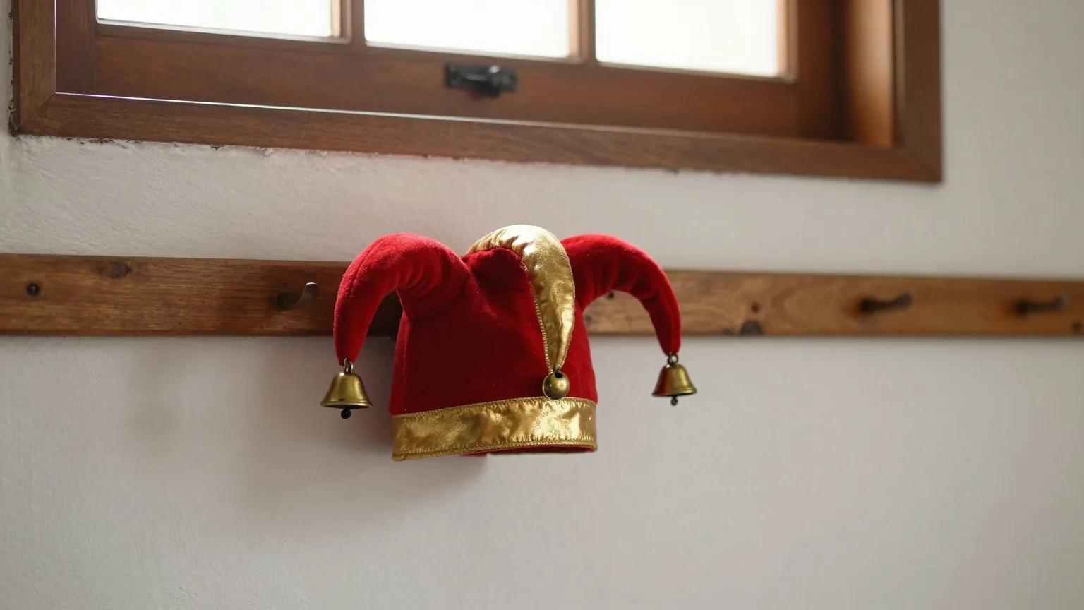 Rot-goldene Narrenkappe mit Glöckchen an einem Holzhaken
