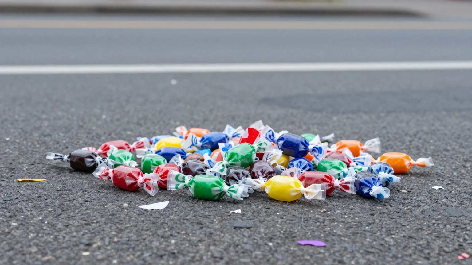 Bonbons in schlichtem Bonbonpapier auf der Straße nach einem Umzug