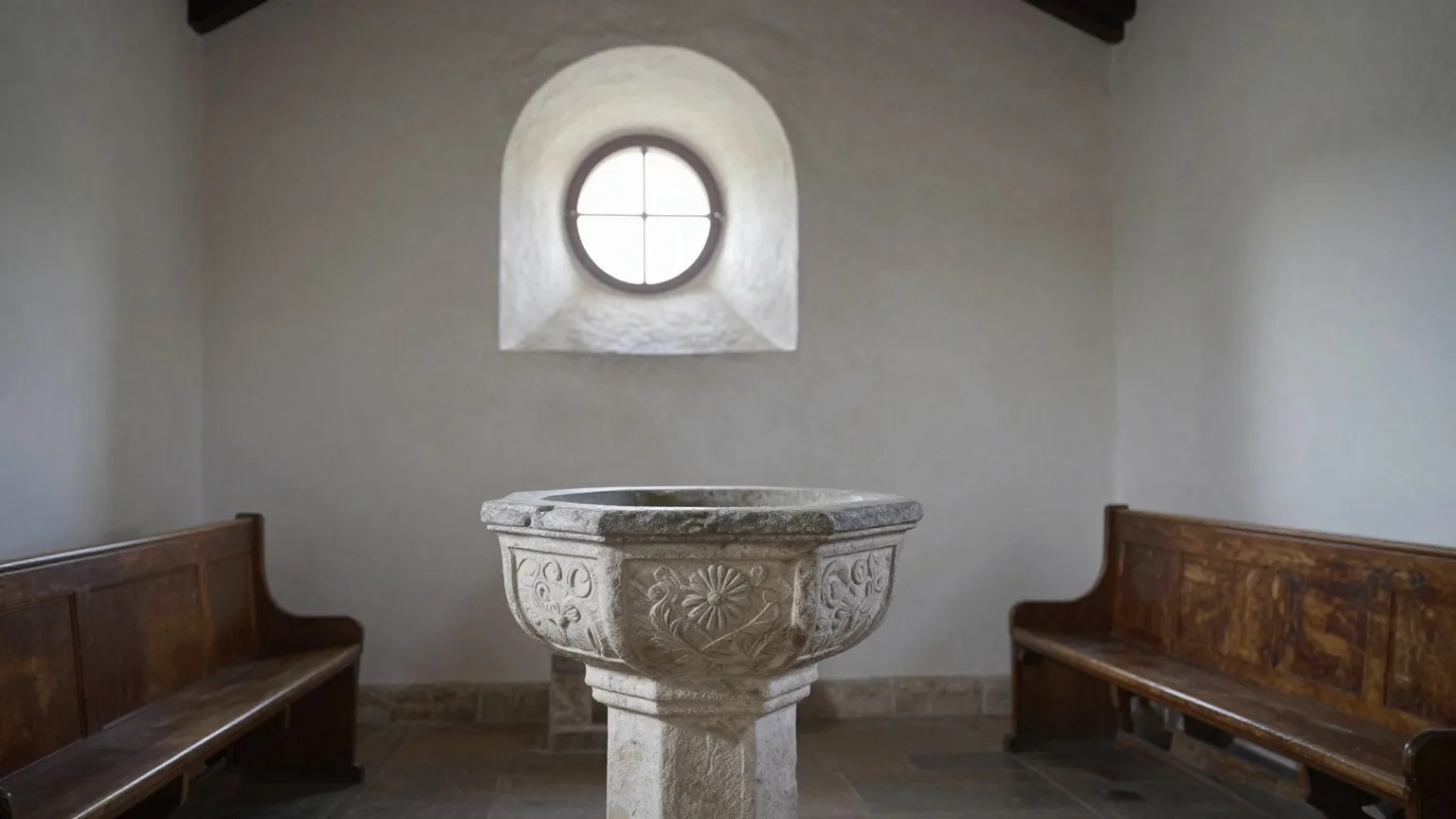 Steinernes Taufbecken in einer romanischen Dorfkirche, kühles Märzlicht fällt durch ein kleines Rundbogenfenster