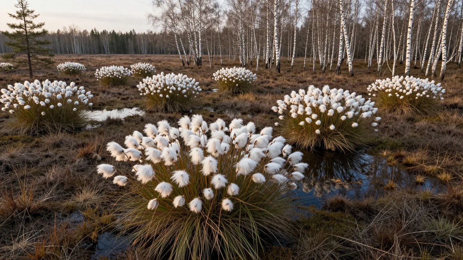 Blühendes Wollgras in einem Moor im späten Abendlicht Mitte April