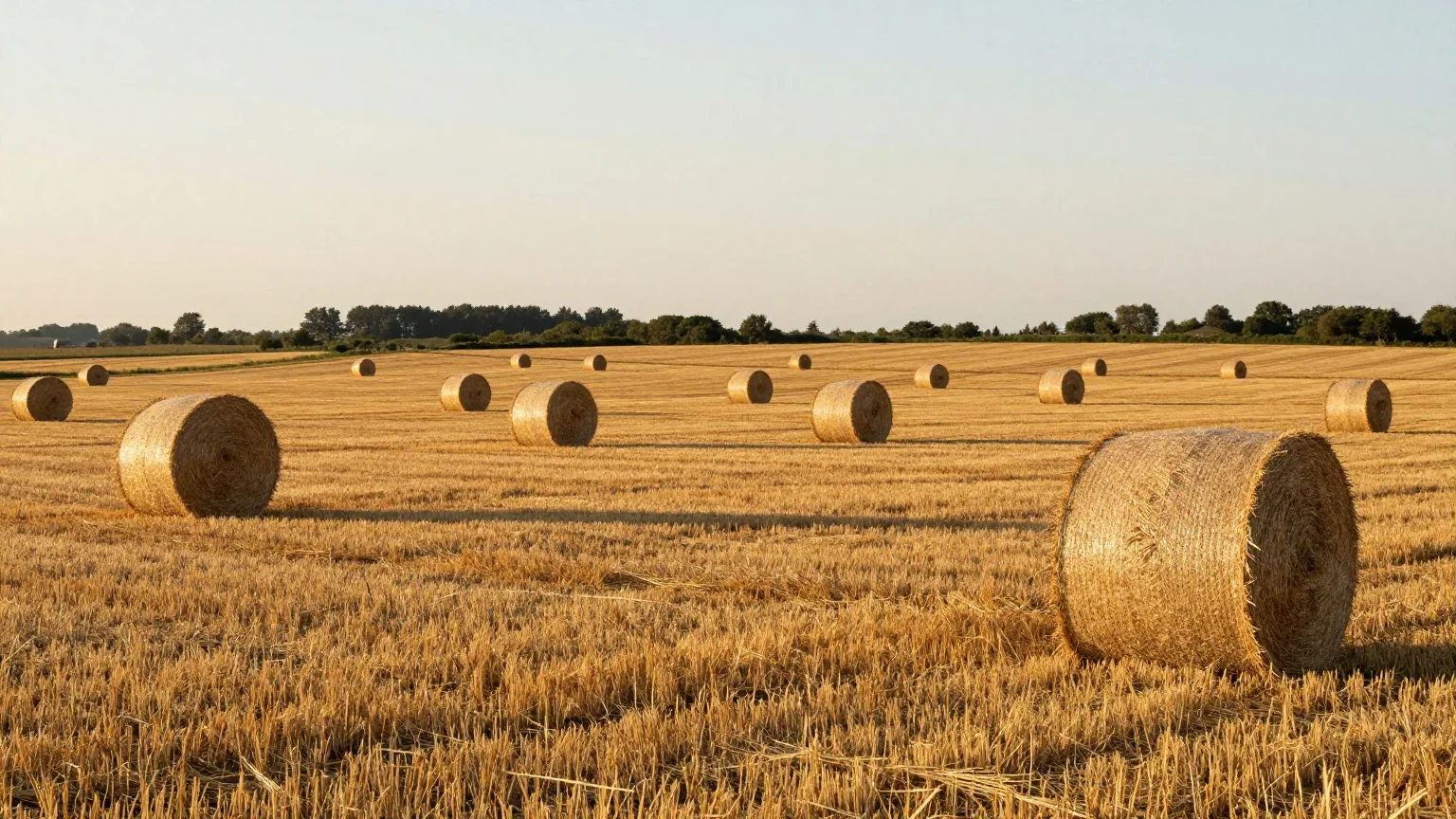 Runde Strohballen auf einem abgeernteten Weizenfeld im Augustabendlicht