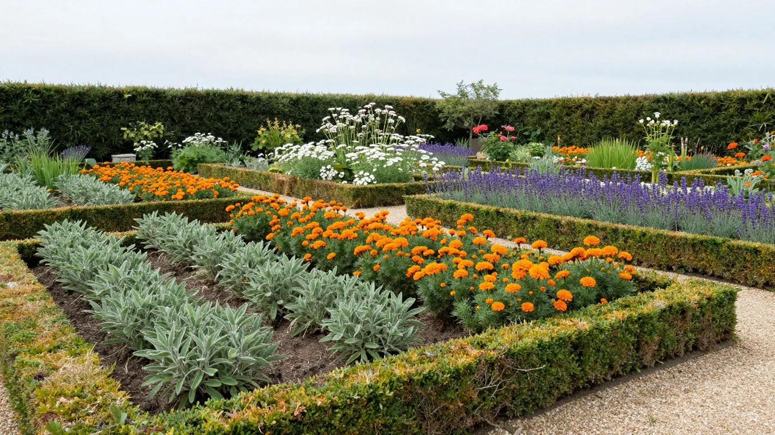 Kräutergarten eines Klosters mit Beeten aus Salbei, Ringelblumen und Lavendel zwischen niedrigen Buchsbaumhecken