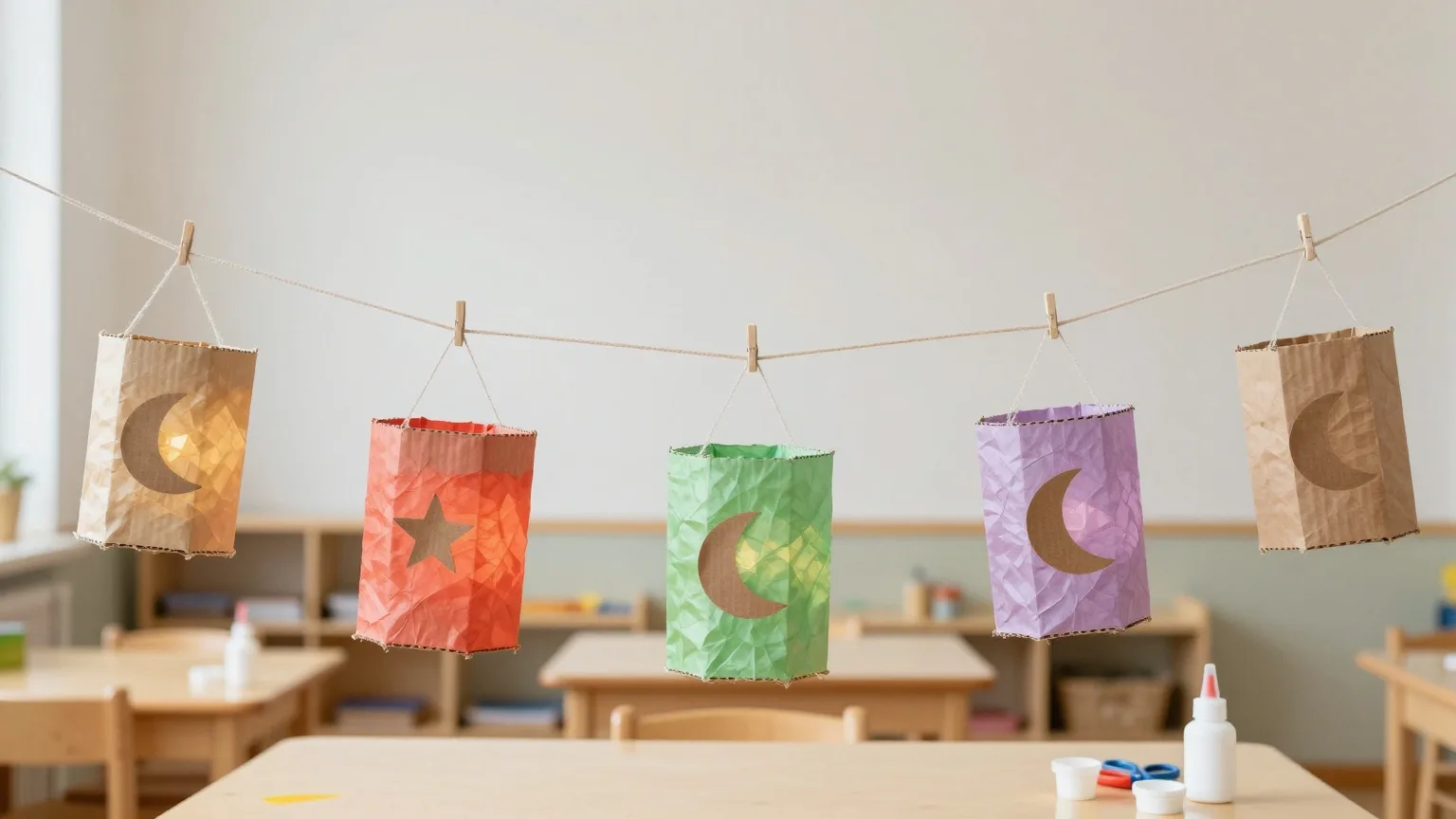 Selbst gebastelte Laternen aus Transparentpapier hängen zum Trocknen an einer Leine