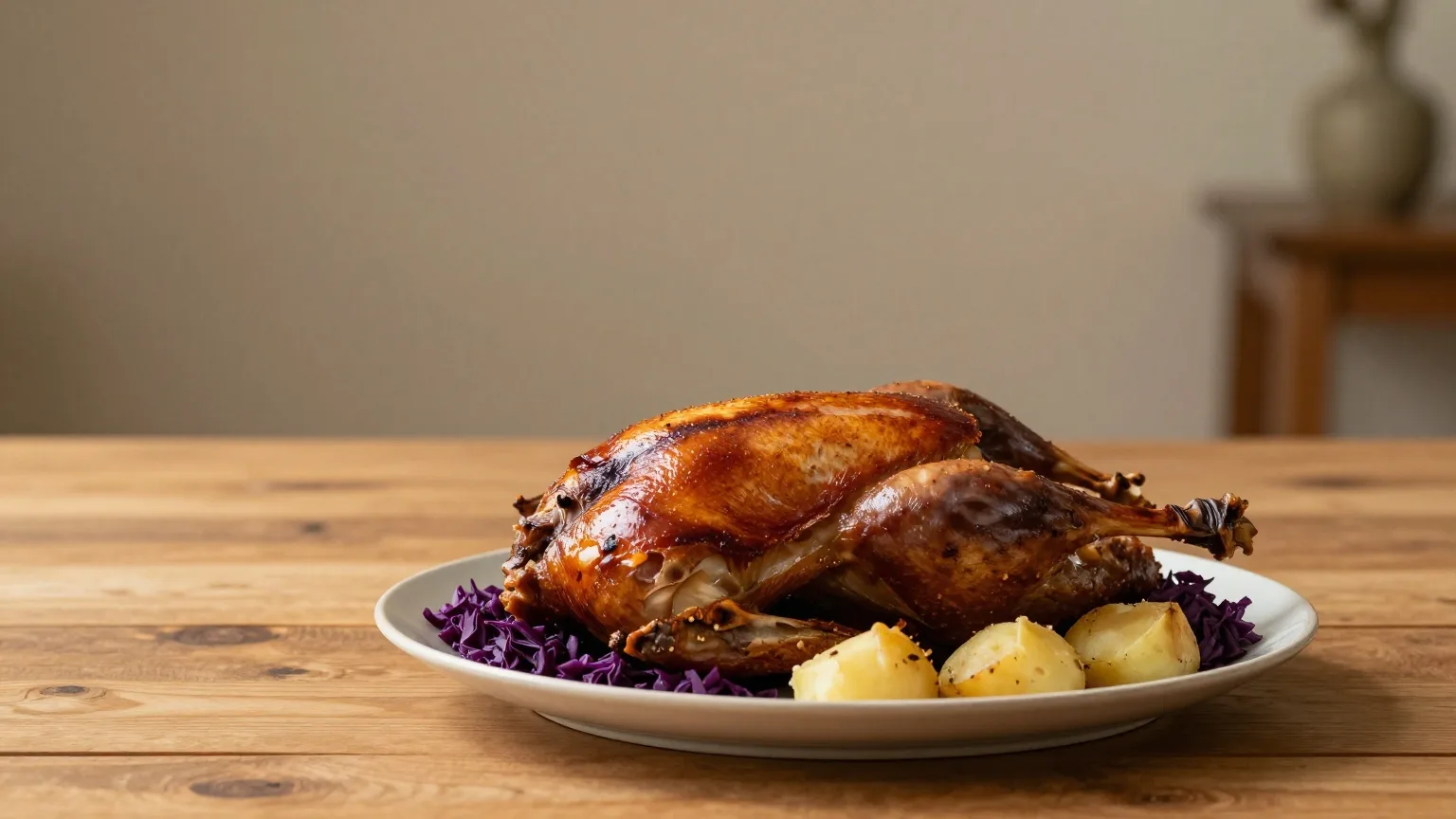 Gebratene Gans mit Rotkohl und Klößen auf einem gedeckten Tisch