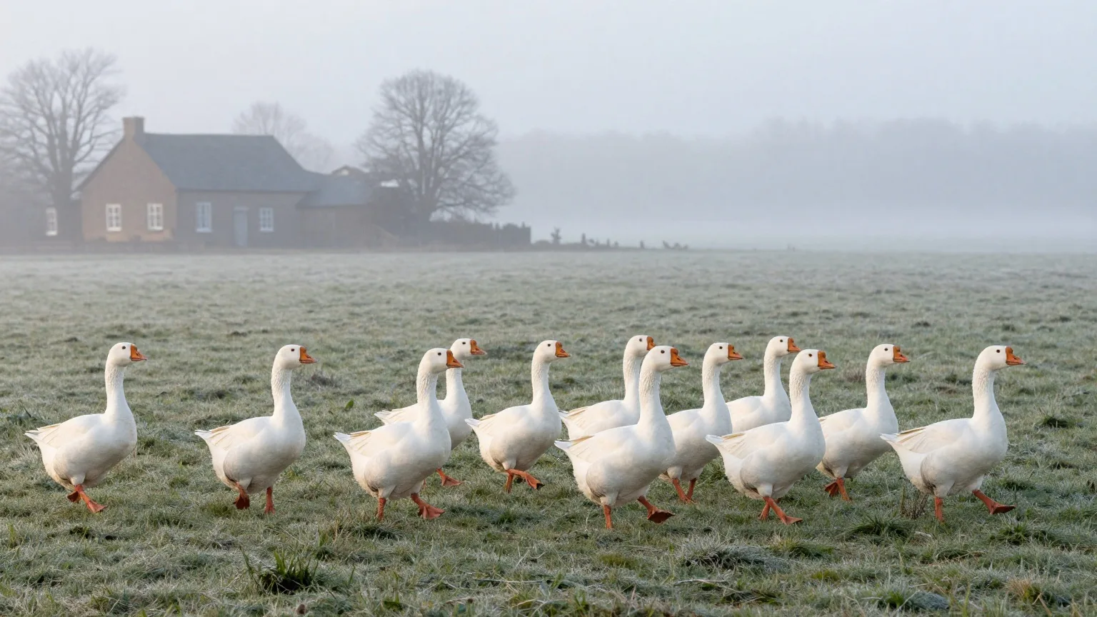 Weiße Hausgänse laufen über eine raureifbedeckte Wiese im Morgennebel