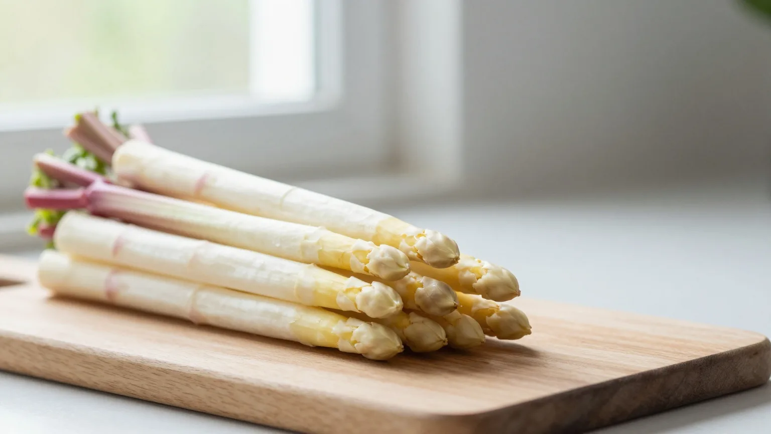 Bund weißer Spargel und Rhabarberstangen auf einem Holzbrett in einer hellen Küche