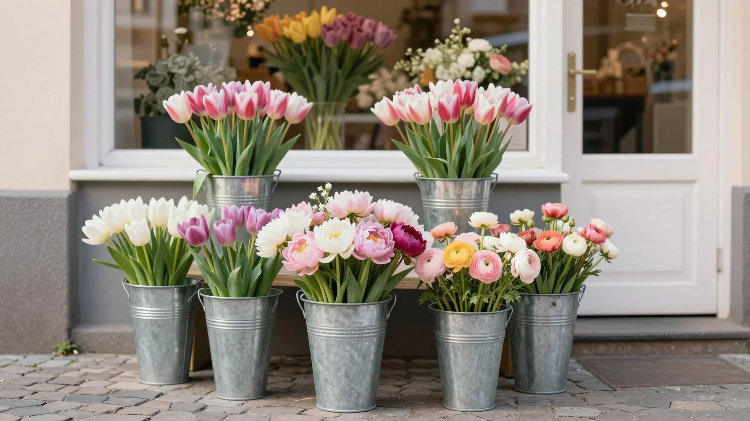 Zinkeimer mit Tulpen, Pfingstrosen und Ranunkeln vor einem kleinen Blumenladen am Sonntagmorgen