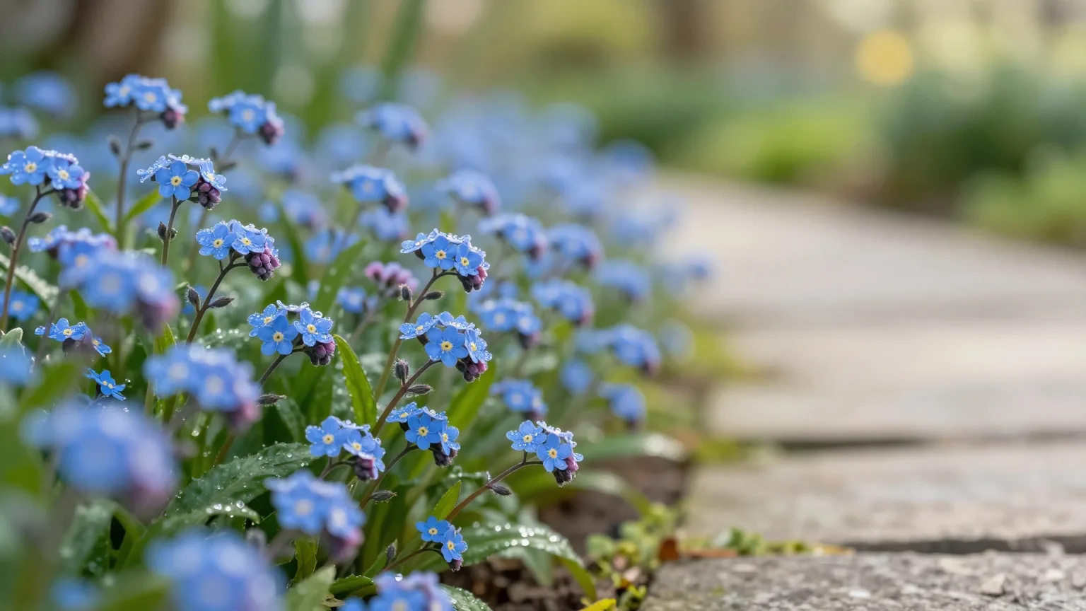 Blühende Vergissmeinnicht am Rand eines Gartenwegs aus Naturstein in der Morgensonne