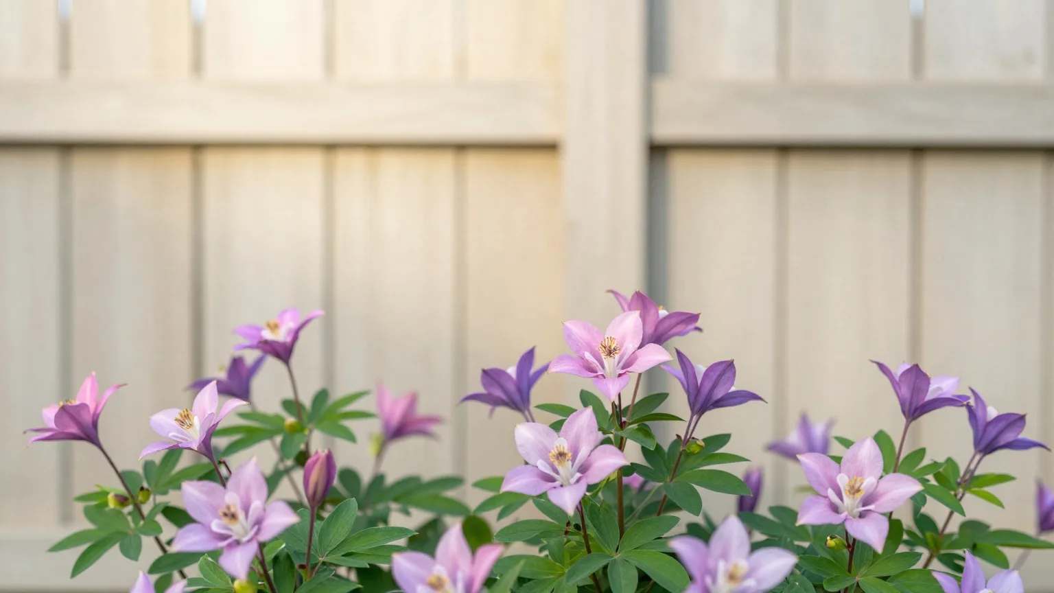 Blühende Akelei in Rosa und Violett an einem hellen Holzzaun an einem Maimorgen
