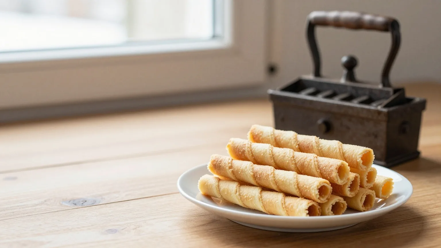 Dünne, zu Röllchen gedrehte Neujahrswaffeln auf einem Teller neben einem alten Waffeleisen