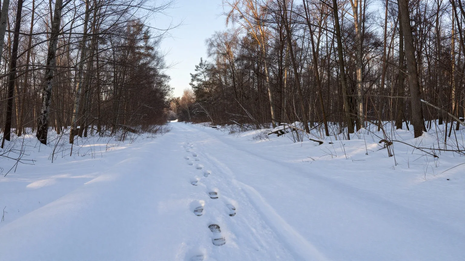 Frische Fußspuren im unberührten Neuschnee auf einem Weg am Waldrand im Morgenlicht