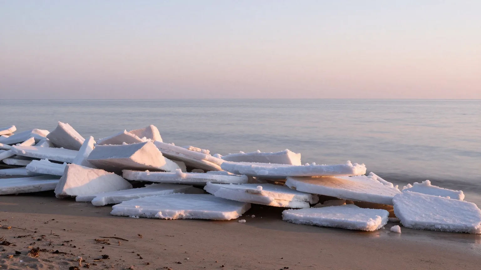 Eisschollen an einem flachen Ostseestrand bei Sonnenaufgang im Januar
