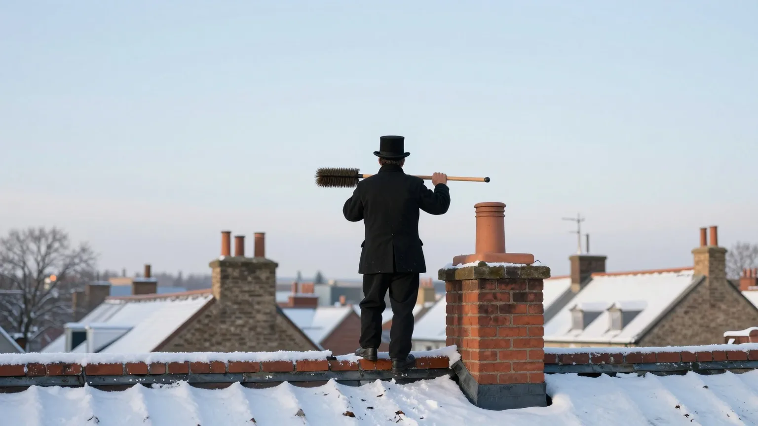 Schornsteinfeger von hinten mit Zylinder und Kehrbesen auf einem verschneiten Dach