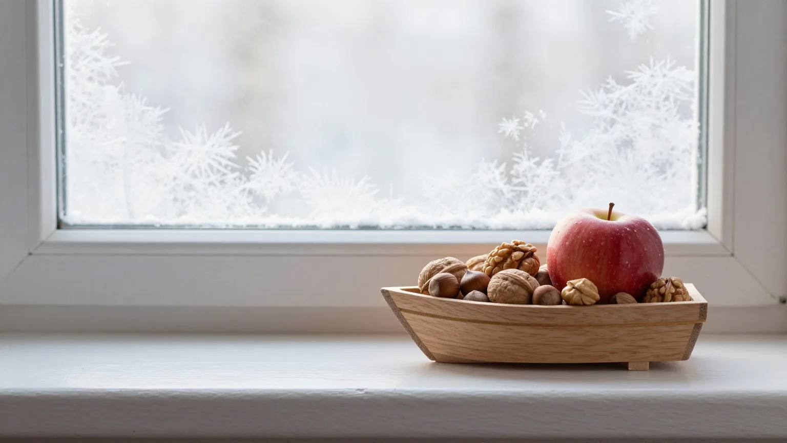 Selbst gebasteltes Holzschiffchen mit Nüssen und einem roten Apfel auf einer Fensterbank im Wintermorgenlicht